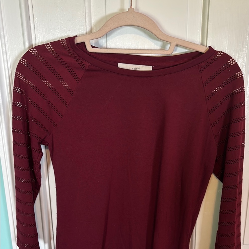 LOFT Deep Red Mesh Sleeve Top